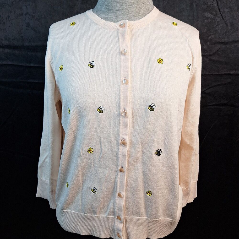 CABLE & GUAGE Bees N Flowers Pink Rayon Stretch Cardigan Embroidary Feminine